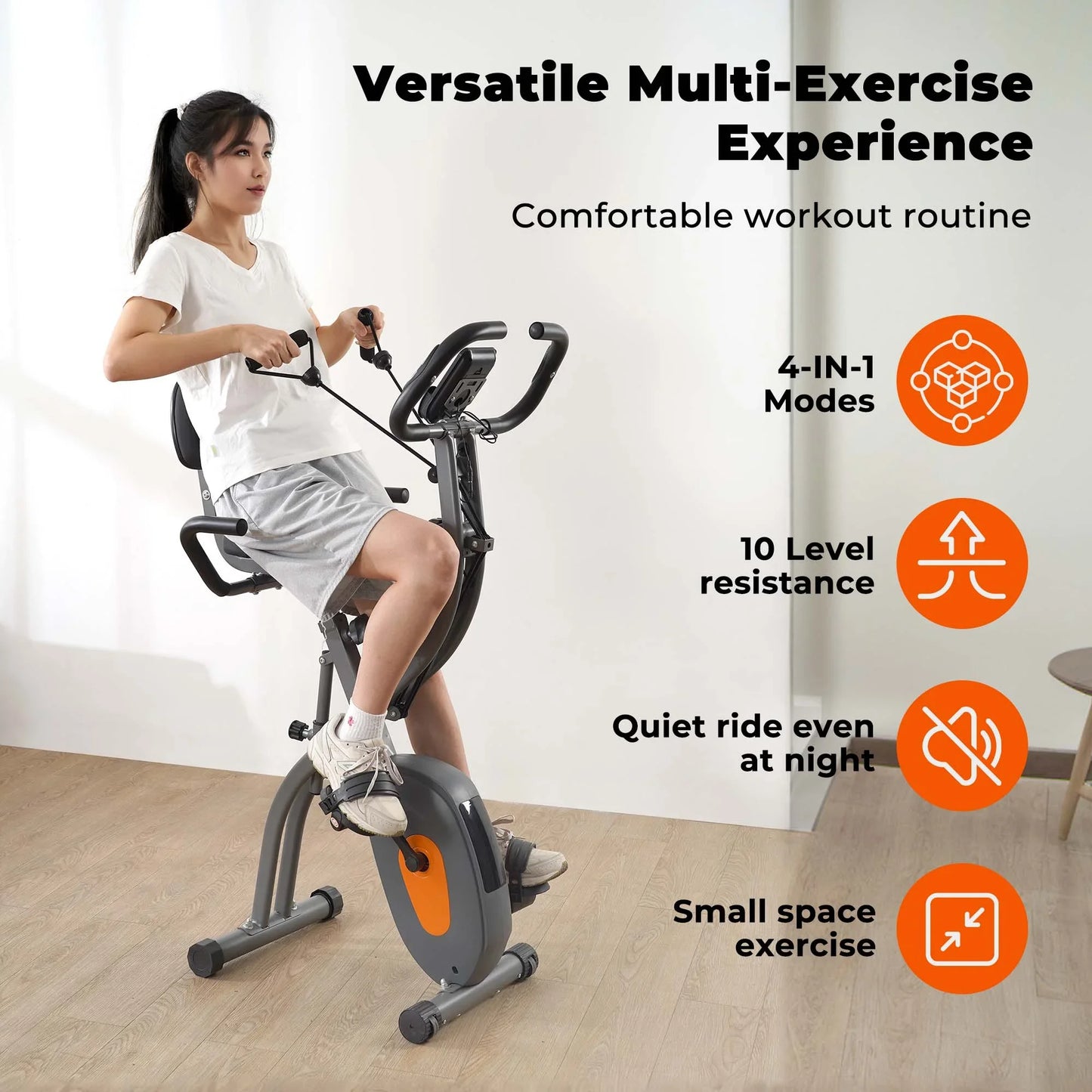 Folding Exercise Bike 4 in 1 Magnetic Stationary Recumbent Bike 10 Level Resistance for Home Use with Arm Resistance Bands
