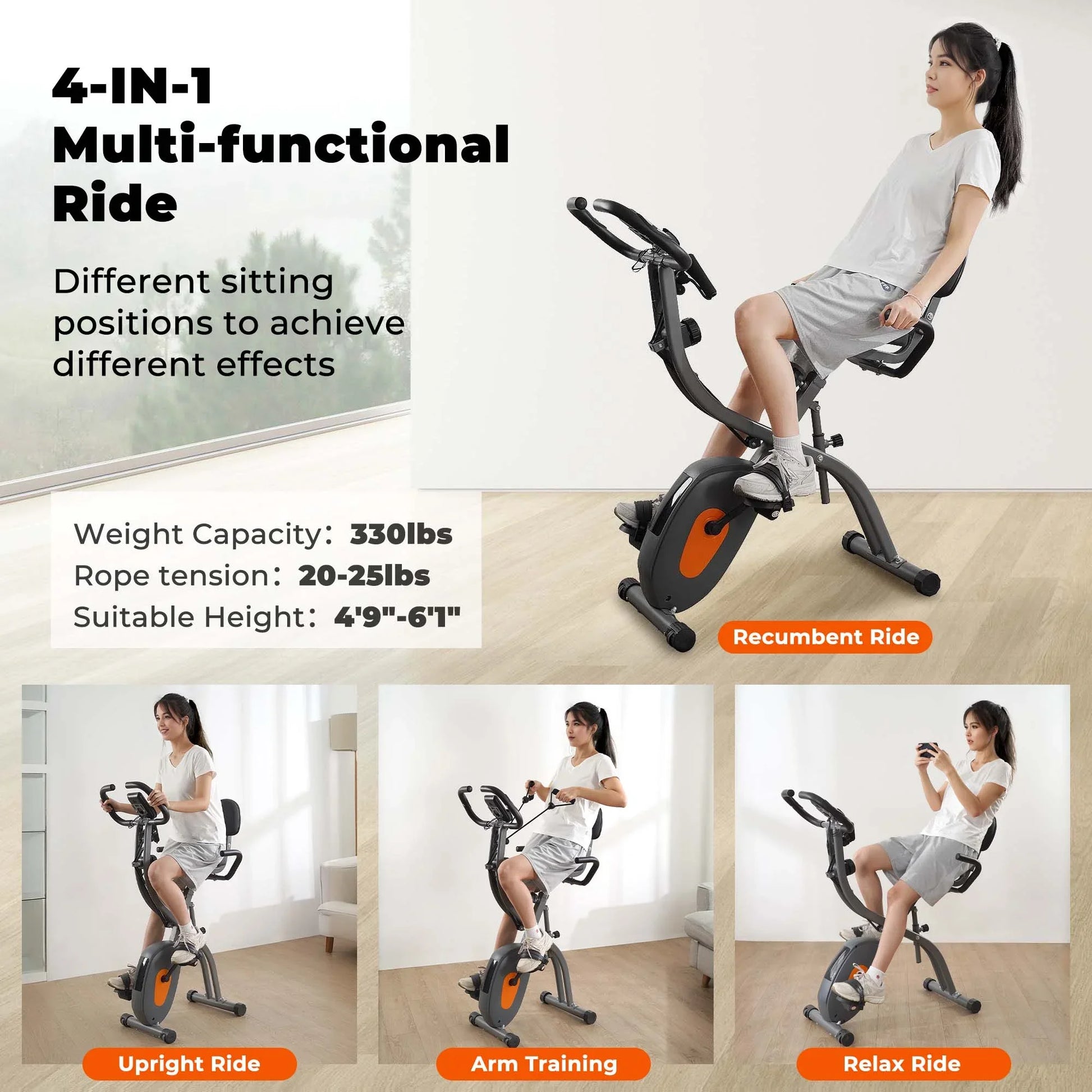 Folding Exercise Bike 4 in 1 Magnetic Stationary Recumbent Bike 10 Level Resistance for Home Use with Arm Resistance Bands
