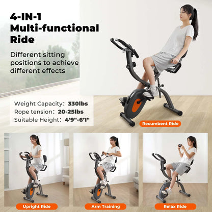 Folding Exercise Bike 4 in 1 Magnetic Stationary Recumbent Bike 10 Level Resistance for Home Use with Arm Resistance Bands