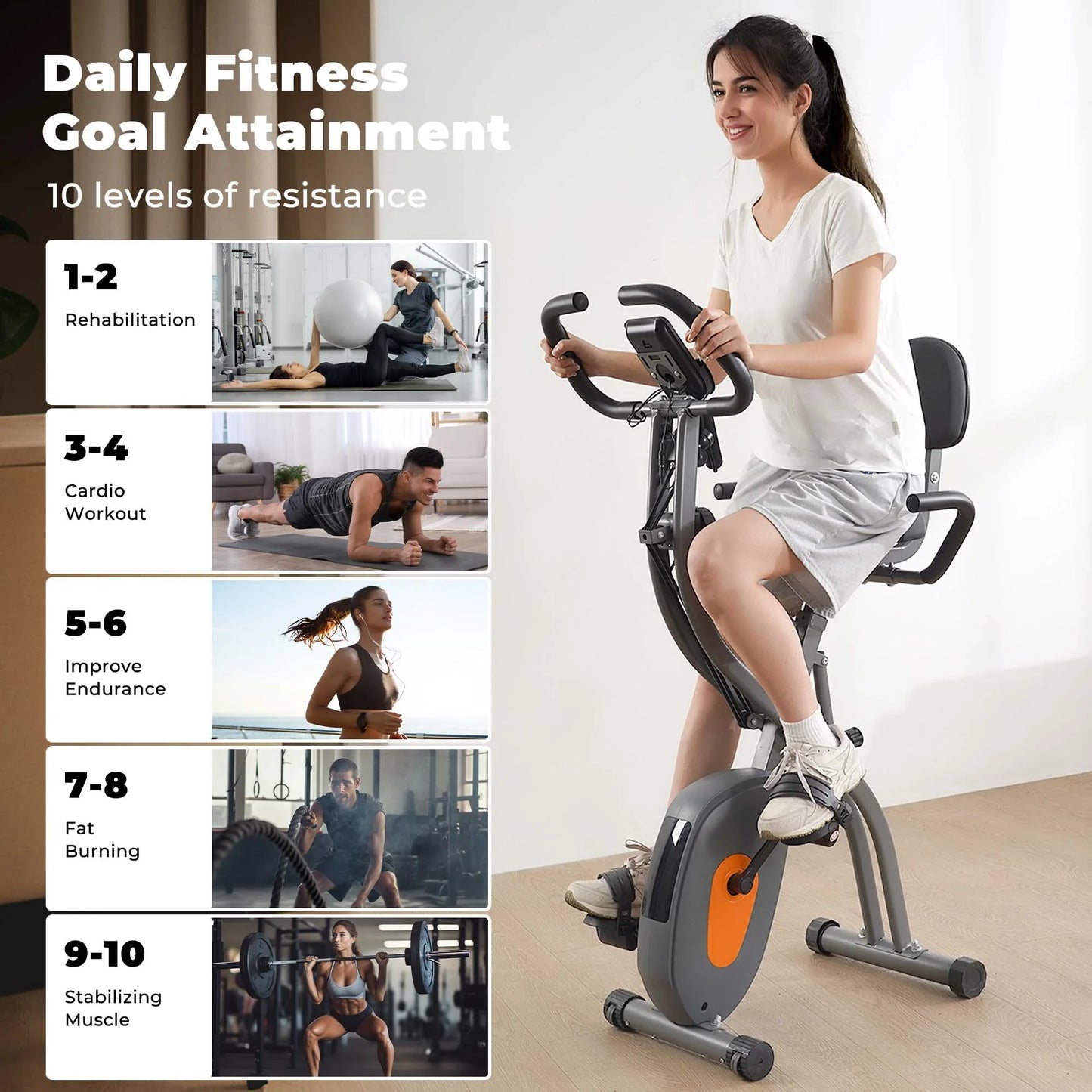 Folding Exercise Bike 4 in 1 Magnetic Stationary Recumbent Bike 10 Level Resistance for Home Use with Arm Resistance Bands